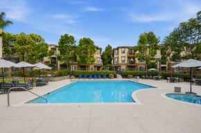 Chula Vista apartment for rent - A large swimming pool surrounded by lounge chairs and umbrellas in a residential area.