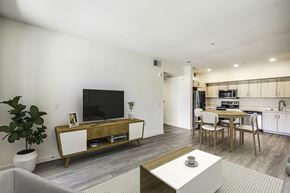 Brentwood apartment for rent - A modern living room with a wooden entertainment center and a grey sofa.