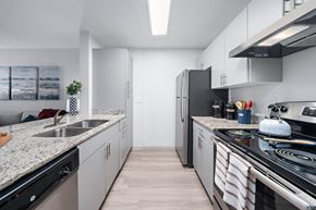 Phoenix apartment for rent - A modern kitchen with a black fridge and stove top oven.
