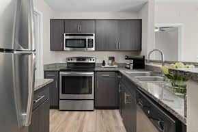 Phoenix apartment for rent - a kitchen with stainless steel appliances and black cabinets