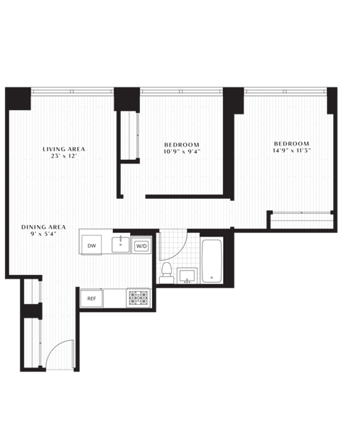 Floor plan for 2 beds, 2 baths, 830 sqft