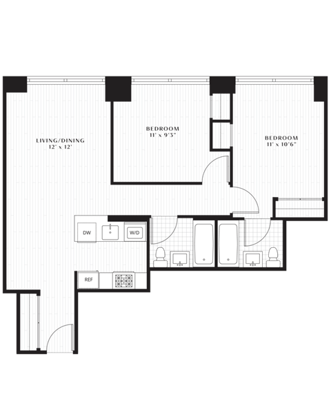 Floor plan for 2 beds, 2 baths, 887 sqft