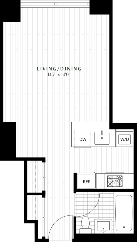 Floor plan for studio, 1 bath, 451 sqft