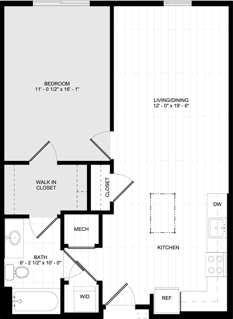 Floor plan for 1 bed, 1 bath, 773 sqft