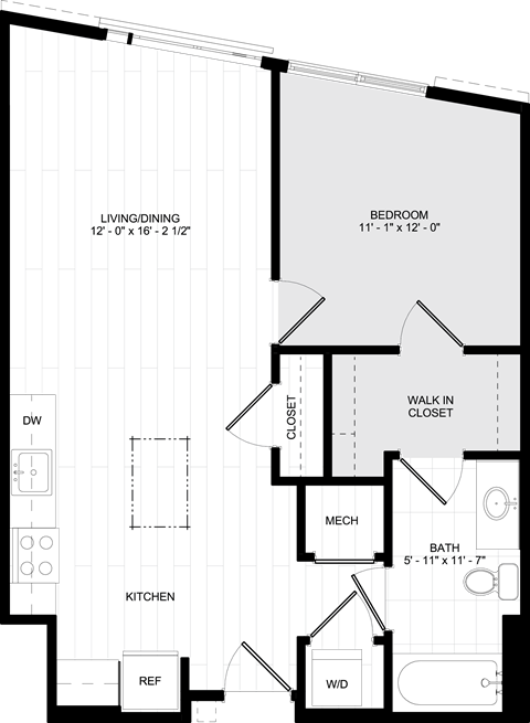 Floor plan for 1 bed, 1 bath, 672 sqft