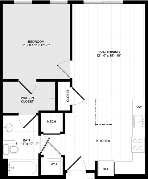 Floor plan for 1 bed, 1 bath, 653 sqft