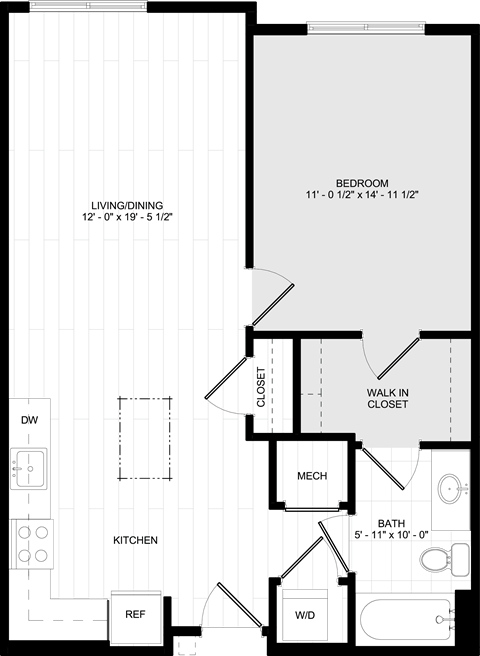 Floor plan for 1 bed, 1 bath, 726 sqft