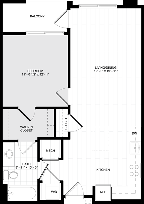 Floor plan for 1 bed, 1 bath, 699 sqft
