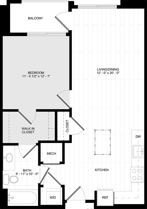 Floor plan for 1 bed, 1 bath, 699 sqft
