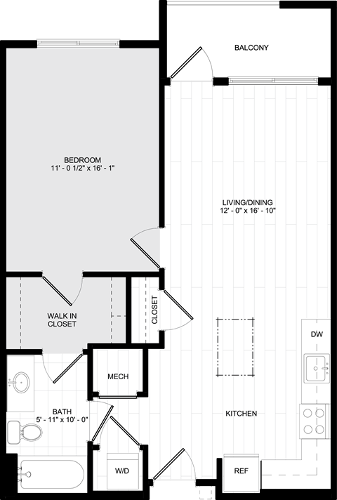 Floor plan for 1 bed, 1 bath, 706 sqft