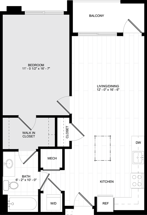 Floor plan for 1 bed, 1 bath, 707 sqft