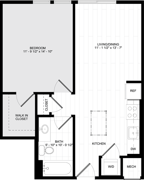 Floor plan for 1 bed, 1 bath, 631 sqft