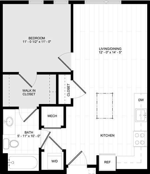 Floor plan for 1 bed, 1 bath, 620 sqft