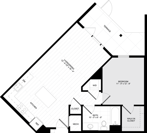 Floor plan for 1 bed, 1 bath, 711 sqft