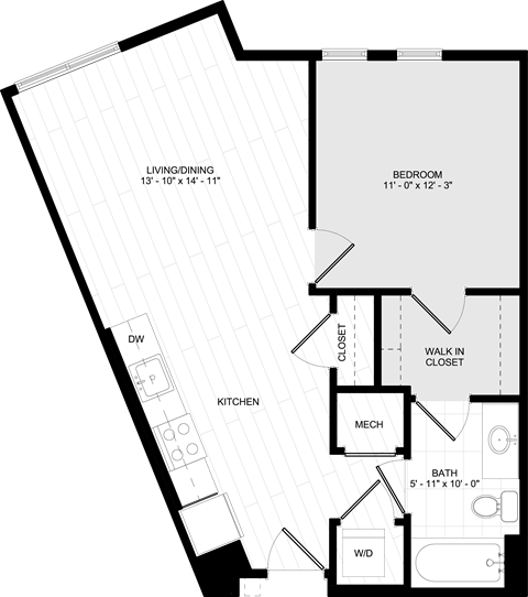Floor plan for 1 bed, 1 bath, 631 sqft
