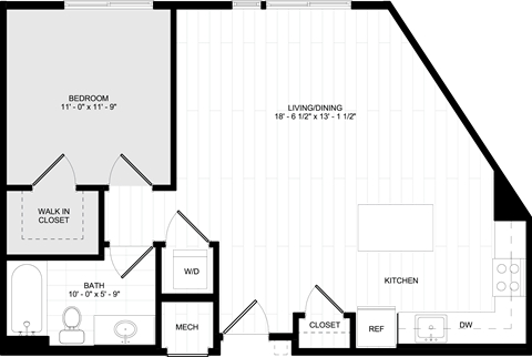 Floor plan for 1 bed, 1 bath, 710 sqft
