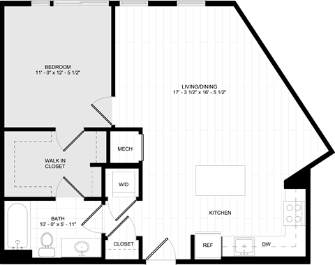 Floor plan for 1 bed, 1 bath, 763 sqft