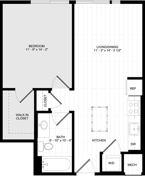 Floor plan for 1 bed, 1 bath, 627 sqft