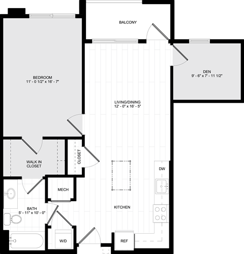 Floor plan for 1 bed, 1 bath, 785 sqft
