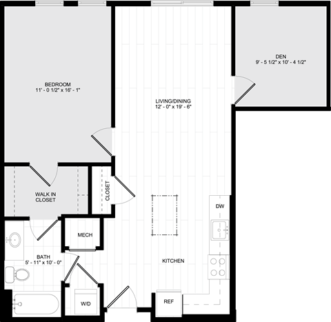 Floor plan for 1 bed, 1 bath, 851 sqft