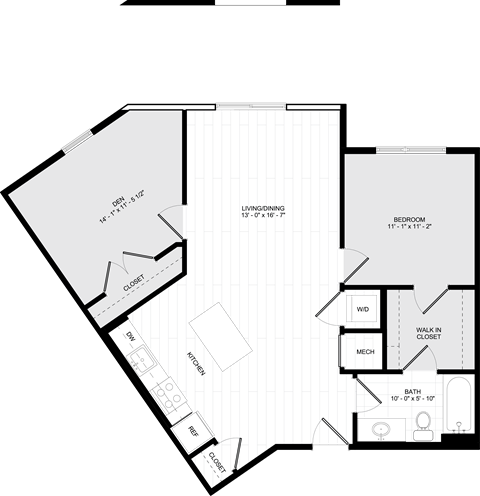 Floor plan for 1 bed, 1 bath, 865 sqft
