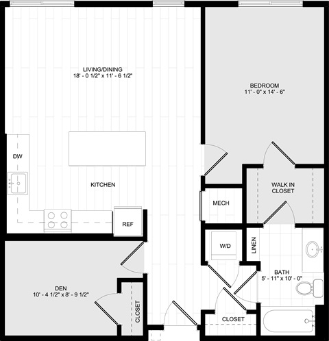 Floor plan for 1 bed, 1 bath, 882 sqft
