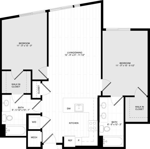 Floor plan for 2 beds, 2 baths, 1054 sqft