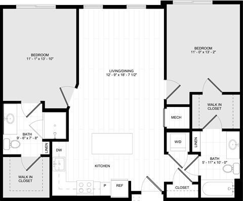 Floor plan for 2 beds, 2 baths, 1000 sqft