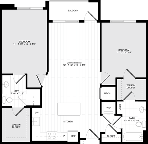 Floor plan for 2 beds, 2 baths, 1063 sqft