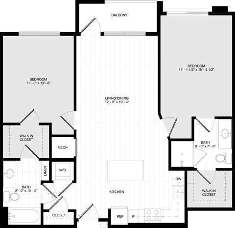 Floor plan for 2 beds, 2 baths, 1045 sqft