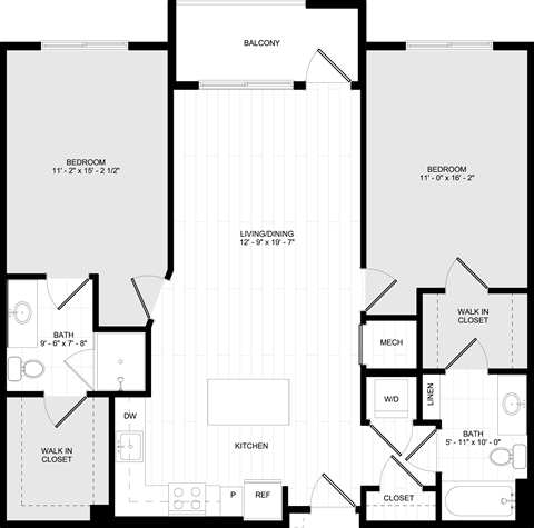 Floor plan for 2 beds, 2 baths, 1087 sqft