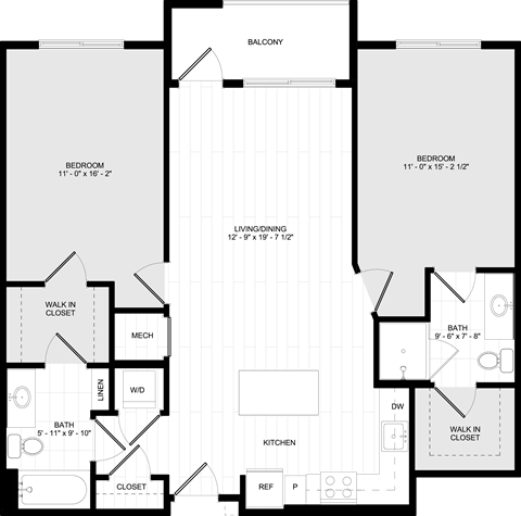 Floor plan for 2 beds, 2 baths, 1067 sqft