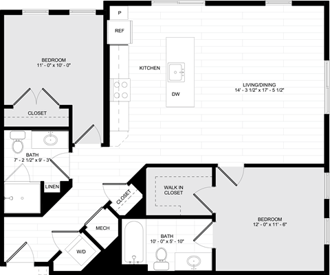Floor plan for 2 beds, 2 baths, 1013 sqft