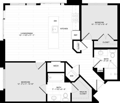 Floor plan for 2 beds, 2 baths, 957 sqft