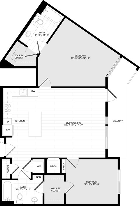 Floor plan for 2 beds, 2 baths, 1086 sqft