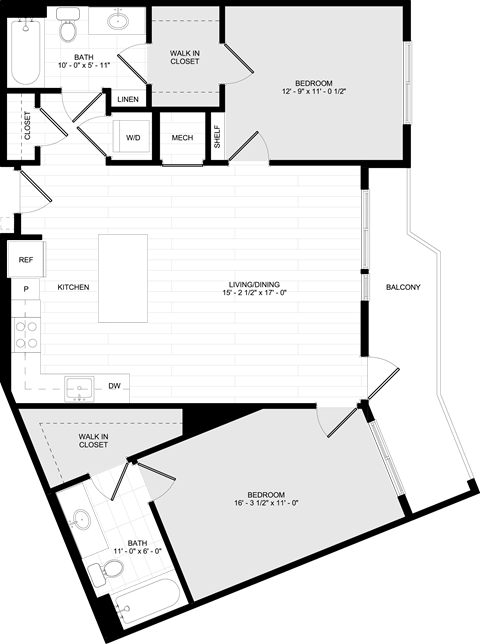 Floor plan for 2 beds, 2 baths, 1044 sqft