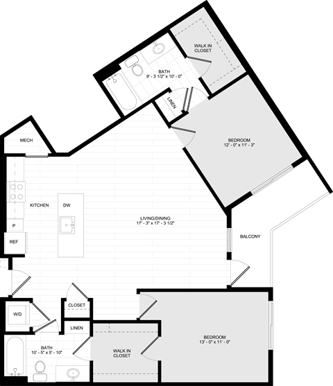 Floor plan for 2 beds, 2 baths, 1111 sqft