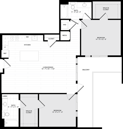 Floor plan for 2 beds, 2 baths, 1191 sqft