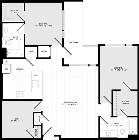 Floor plan for 2 beds, 2 baths, 1208 sqft