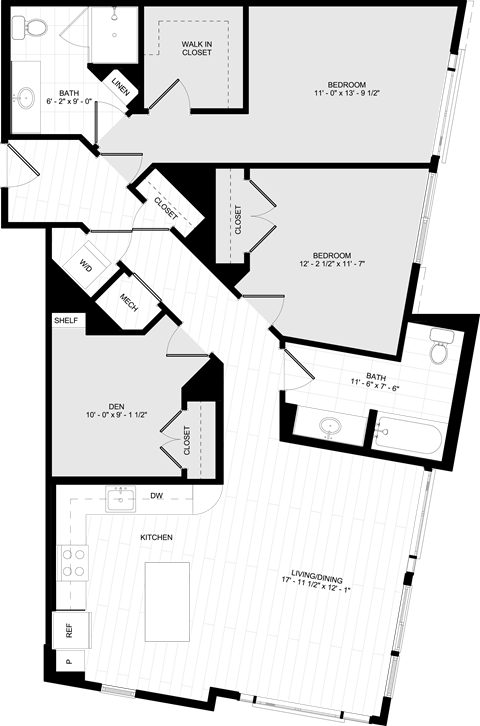 Floor plan for 2 beds, 2 baths, 1305 sqft