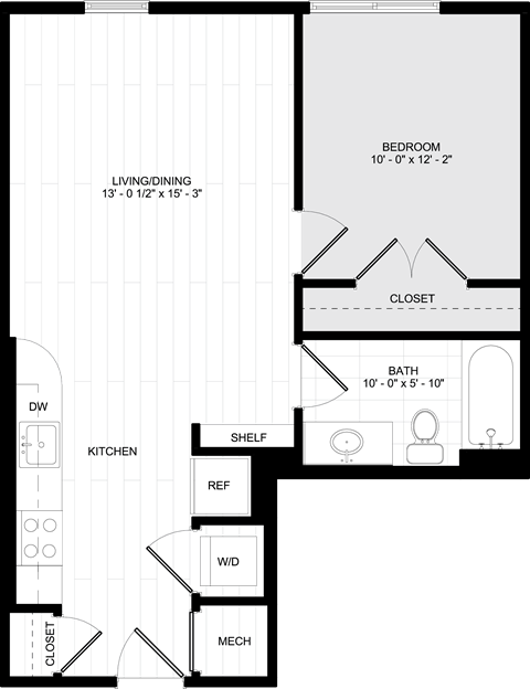 Floor plan for studio, 1 bath, 596 sqft