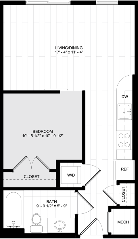Floor plan for studio, 1 bath, 516 sqft