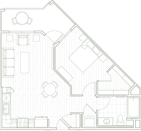Floor plan for 1 bed, 1 bath, 697 sqft