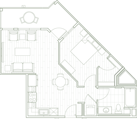 Floor plan for 1 bed, 1 bath, 678 sqft