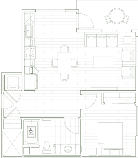 Floor plan for 1 bed, 1 bath, 703 sqft