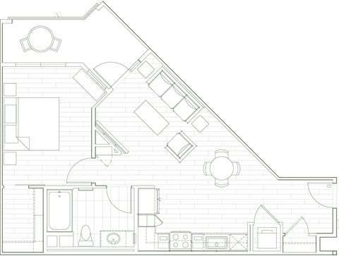 Floor plan for 1 bed, 1 bath, 741 sqft
