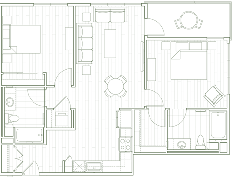 Floor plan for 2 beds, 2 baths, 1081 sqft
