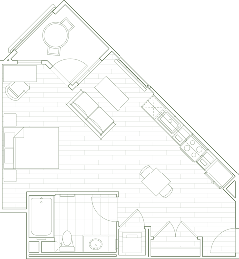 Floor plan for studio, 1 bath, 580 sqft