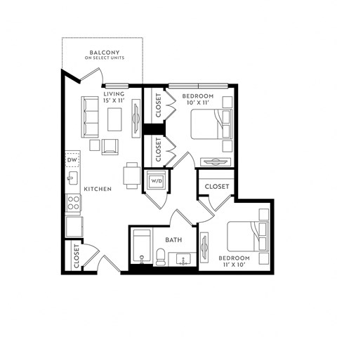 Floor plan for 1 bed, 1 bath, 764 sqft