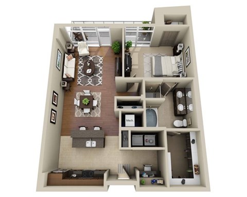 Floor plan for 1 bed, 1 bath, 1080 sqft
